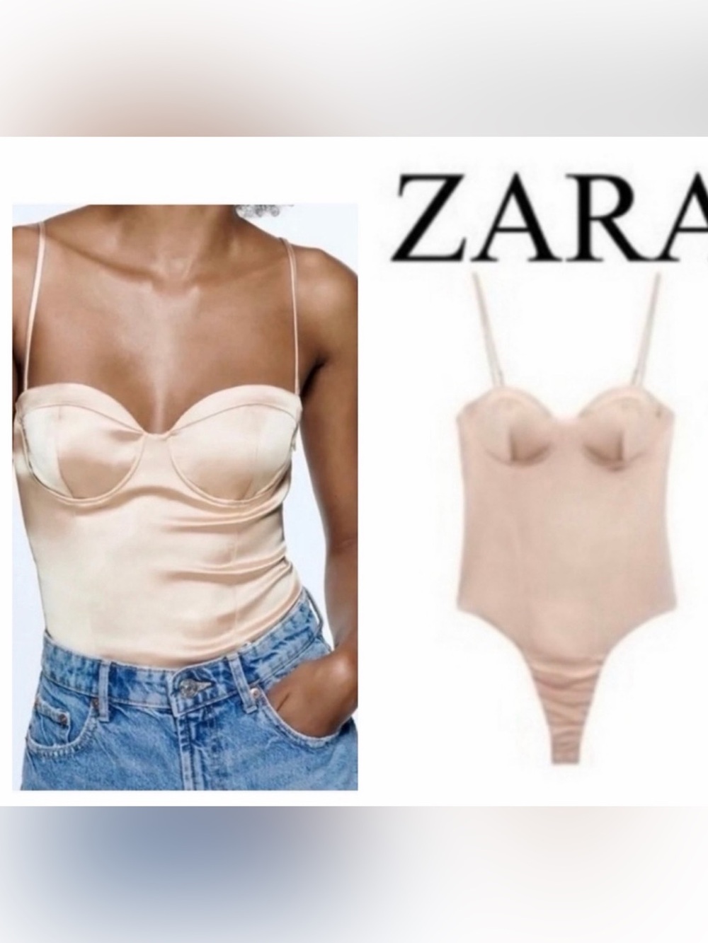 Zara Satin Underwire Bodysuit in Champagne Gold XS new